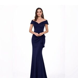 Xscape Blue Off Shoulder Ruffle Gown NWT SZ 18W Formal Evening Dress Black Tie